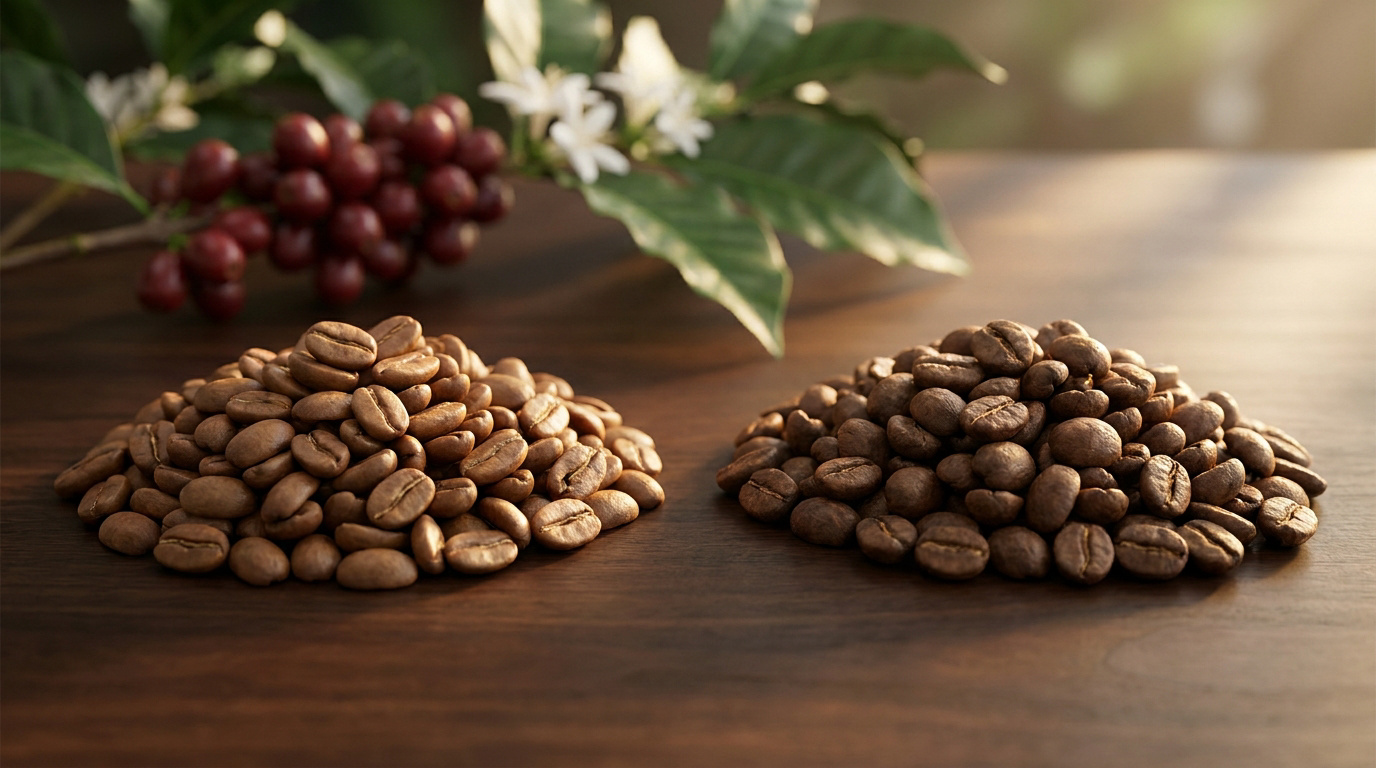 Deux tas de grains de café torréfiés de teintes différentes sur une table en bois, avec une branche de caféier en arrière.
