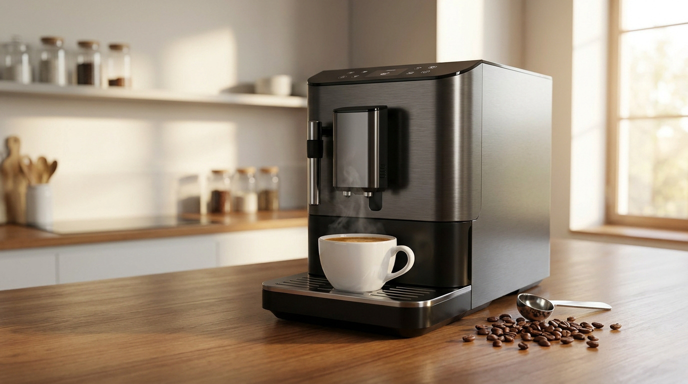 Machine à café automatique moderne sur un plan de travail en bois avec une tasse fumante et des grains de café.