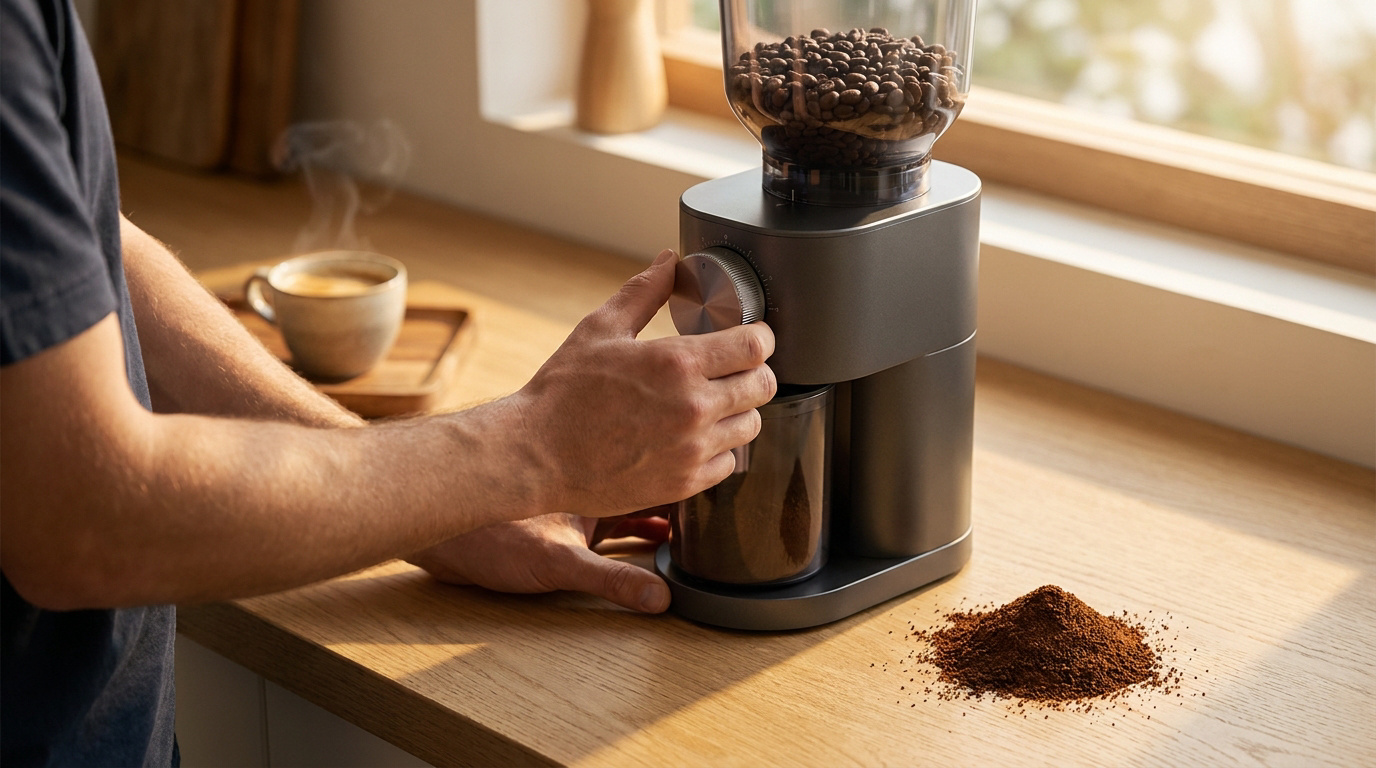 Une personne ajuste la molette d'un moulin à café électrique sur un comptoir en bois, avec du café moulu à côté.