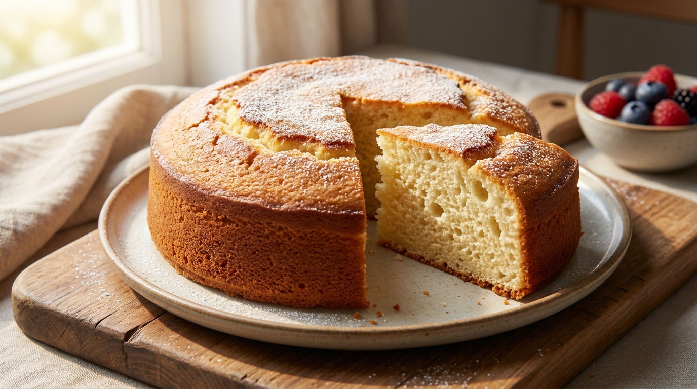 Un gâteau au yaourt doré et aérien saupoudré de sucre glace, servi sur une planche en bois près d'une fenêtre.
