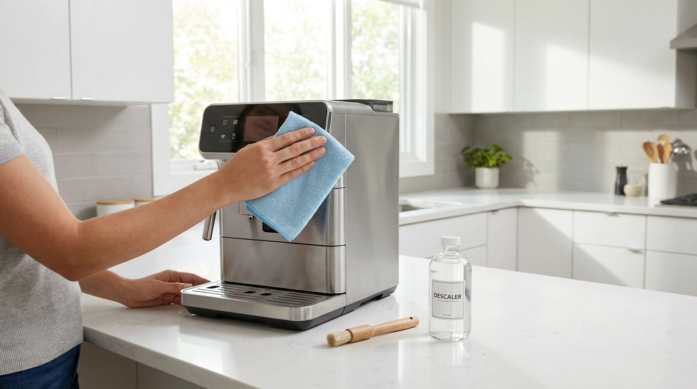 Une personne nettoie une machine à café en inox avec un chiffon bleu dans une cuisine moderne.