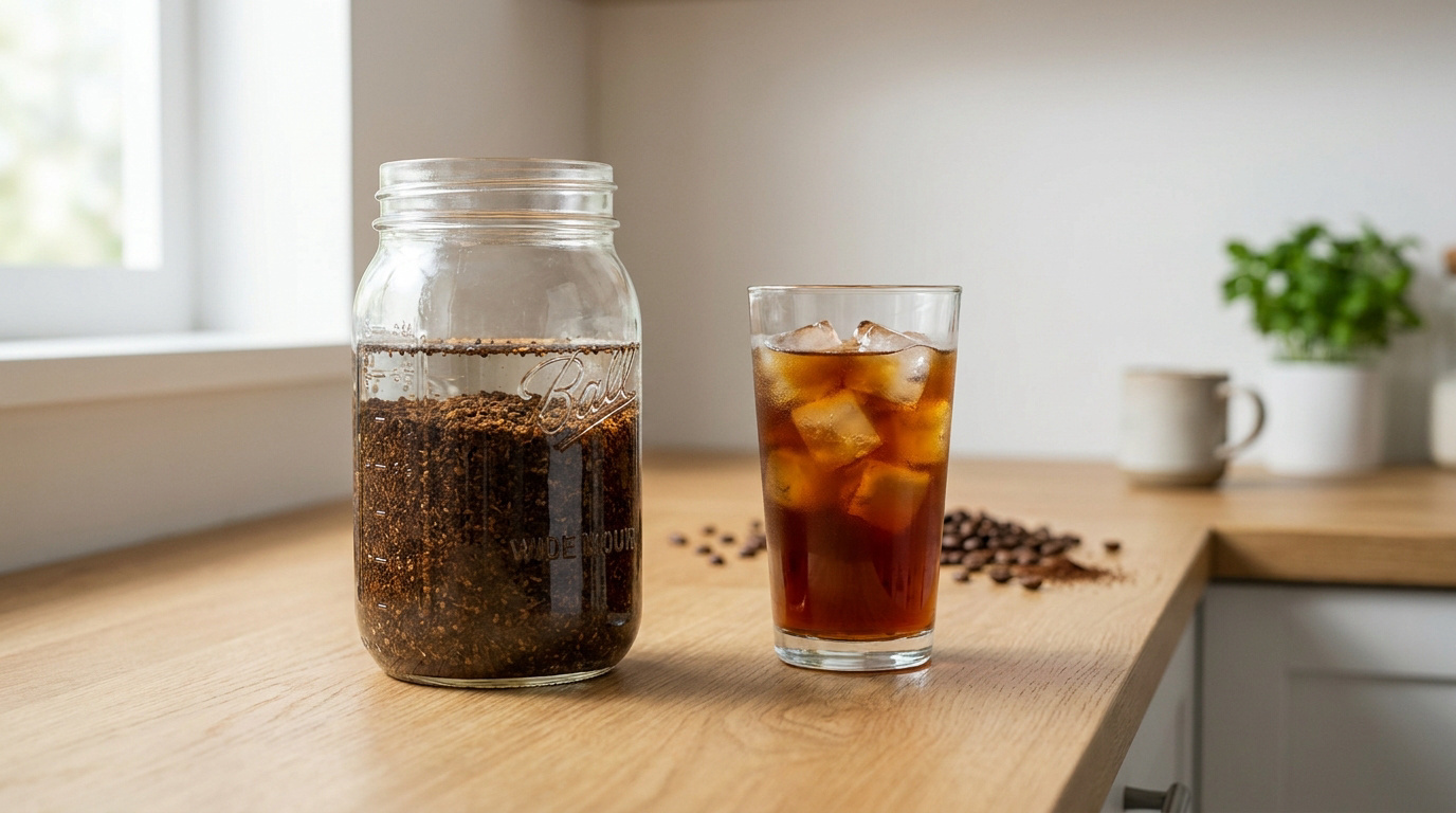 Un bocal en verre contenant du café infusant et un verre de cold brew avec des glaçons sur un comptoir de cuisine.