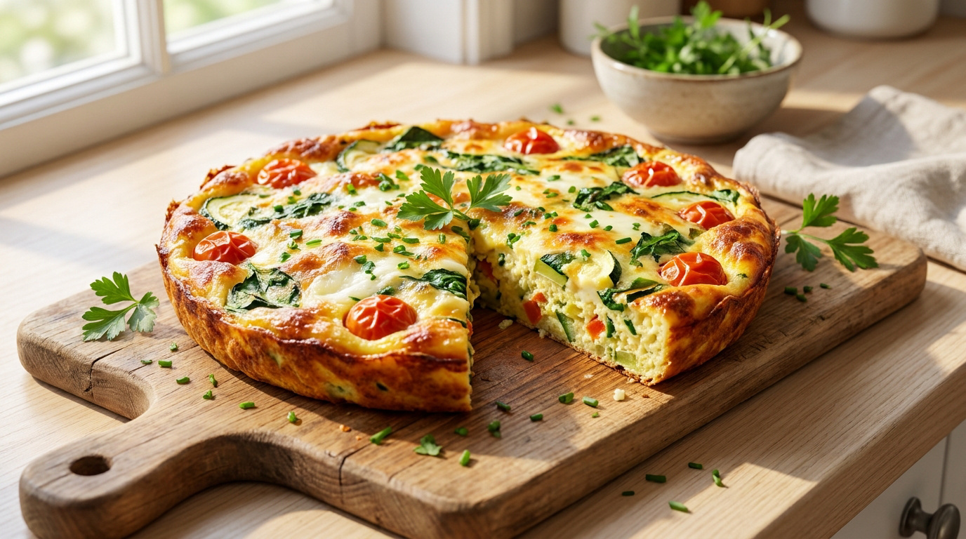 Une quiche sans pâte dorée avec des tomates cerises et des épinards, posée sur une planche en bois près d'une fenêtre.