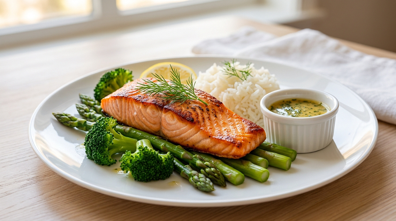 Une assiette avec un filet de saumon grillé, des asperges, du brocoli, du riz et une coupelle de sauce aux herbes.